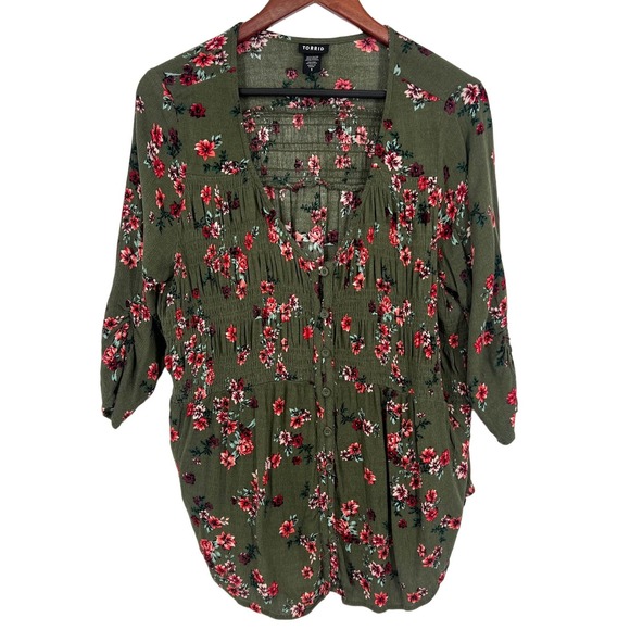torrid Tops - Torrid Womens Plus Size 1 1X Green Pink Floral Blouse Shirt Top Summer Fall Cozy